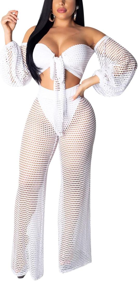 Sexy Cover Ups for Swimwear Vacation Off The Shoulder Top Long Pants Bikini Cover Ups Swimwear Beach (Large, White)