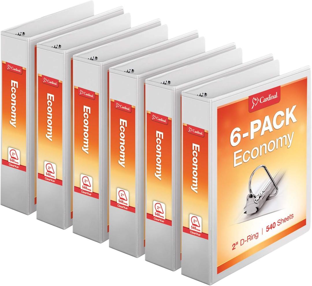 Cardinal 2 Inch Binders, 6 Pack, 3 Ring Binder, 2 inch 3 Ring Binder, D-Ring, Holds 540 Sheets, Non-Stick, PVC Free, Three Ring Binders for Organization and Presentations, White