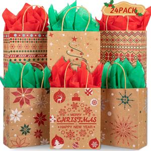 24 Christmas Kraft Gift Bags with 24 Tissue Papers, 7 x 8.6 x 3 Holiday Goody Bags with Handles, Xmas Treat Bags for Party Favors, Classroom Exchange, Present Wrapping