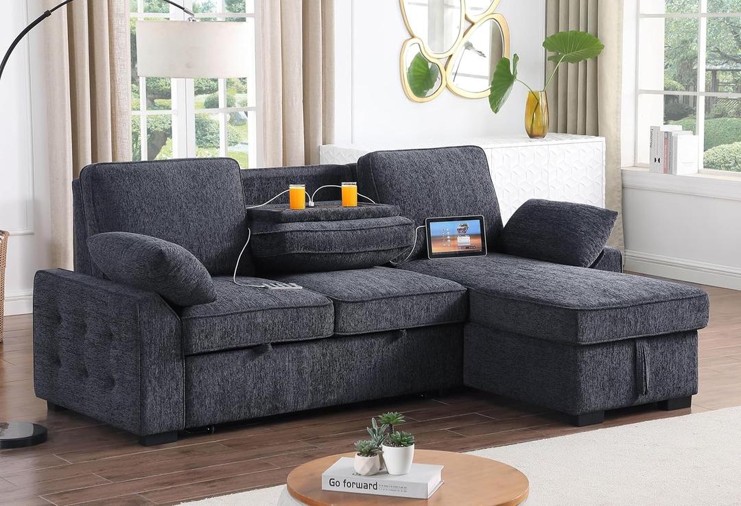 Eafurn 110.2" Modular Sectional Sofa with Reversible Ottoman, Convertible Sleeper Sofa Bed with USB Charging Ports & Cup Holders, Plush Corduroy L-Shaped Couch with Storage Armrest | Pull Out Sofabed, Console