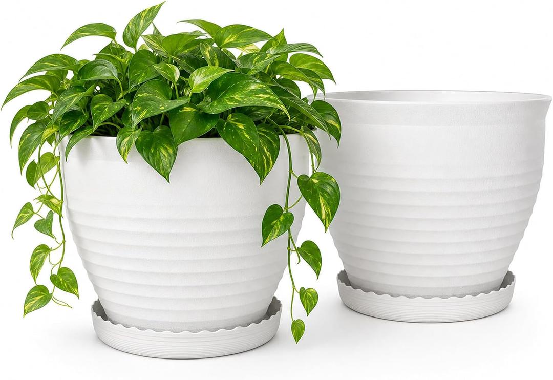 13.8 Inch Round Plastic Planters Urns, Set of 2, White Flower Pots, 13.78 inches x 10.83 inches