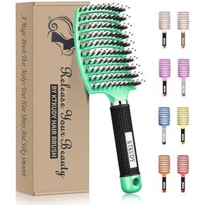 KTKUDY Detangling Brush Boar Bristles Hairbrush Make Hair Shiny & Healthier Curved and Vented Detangler Brush for Women Men Kids Wet & Dry Hair (Light green)