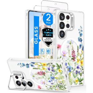 Dretal Magnetic for Samsung Galaxy S26 Ultra Case Floral,Screen Protector,Built-in Lens Ring Stand,Translucent Matte Magnetic Shockproof Flower Pattern Cover for Women Girls,Galaxy S26 Ultra(Florets)