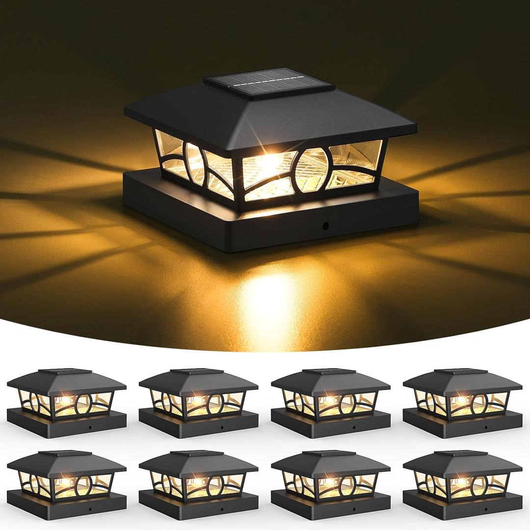 APONUO Solar Post Cap Lights, 3000K Warm Light Mode Fence Post Solar Lights for Garden Patio Deck, Outdoor Waterproof Deck Posts Light Solar Powered for 3.5x3.5 4x4 Wooden/Vinyl Posts, Black, 8 Packs