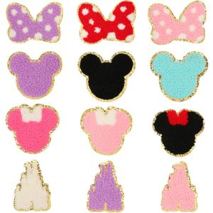 12 Pcs Chenille Mouse Patches, DREMISI Cute Mouse Bows Castle Embroidered Patches Kids Iron on Knee Patches Gold Trimmed Iron on Patch Mouse Decorative Patches Sew on Embroidered Applique for Clothing