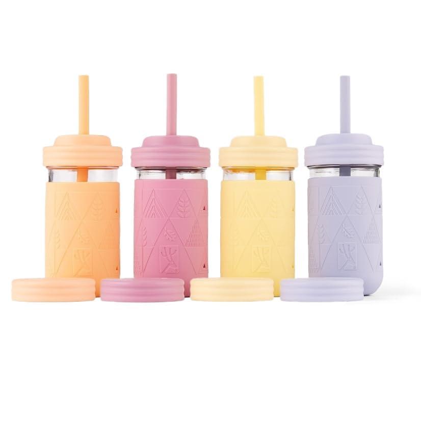 Elk and Friends Kids + Toddler Glass Cups | The Original 12oz Glass Mason Jar with Sleeves + Lids | Silicone Straws + Stopper | Smoothie Cup | Food Storage | Spill Resistant | Dishwasher Safe | 4 Pack