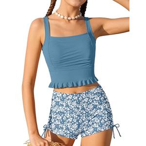 HOTOME Girls Swimsuits Size 14-16 Adjustable Straps Ruched Ruffle Swimsuits for Teen Girls with Chest Pad Drawstring Tropical Prints Shorts Two Piece Bathing Suits Tankini Sets Grey Blue