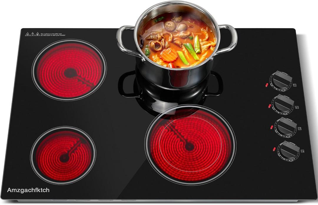 Electric Cooktop 30 Inch - 4 Burners Built-in Ceramic Cooktop, 30" Radiant Electric Stove Top with Knob Control, Hot Surface Indicator, 6700W, 220-240V Hard Wire(No Plug)