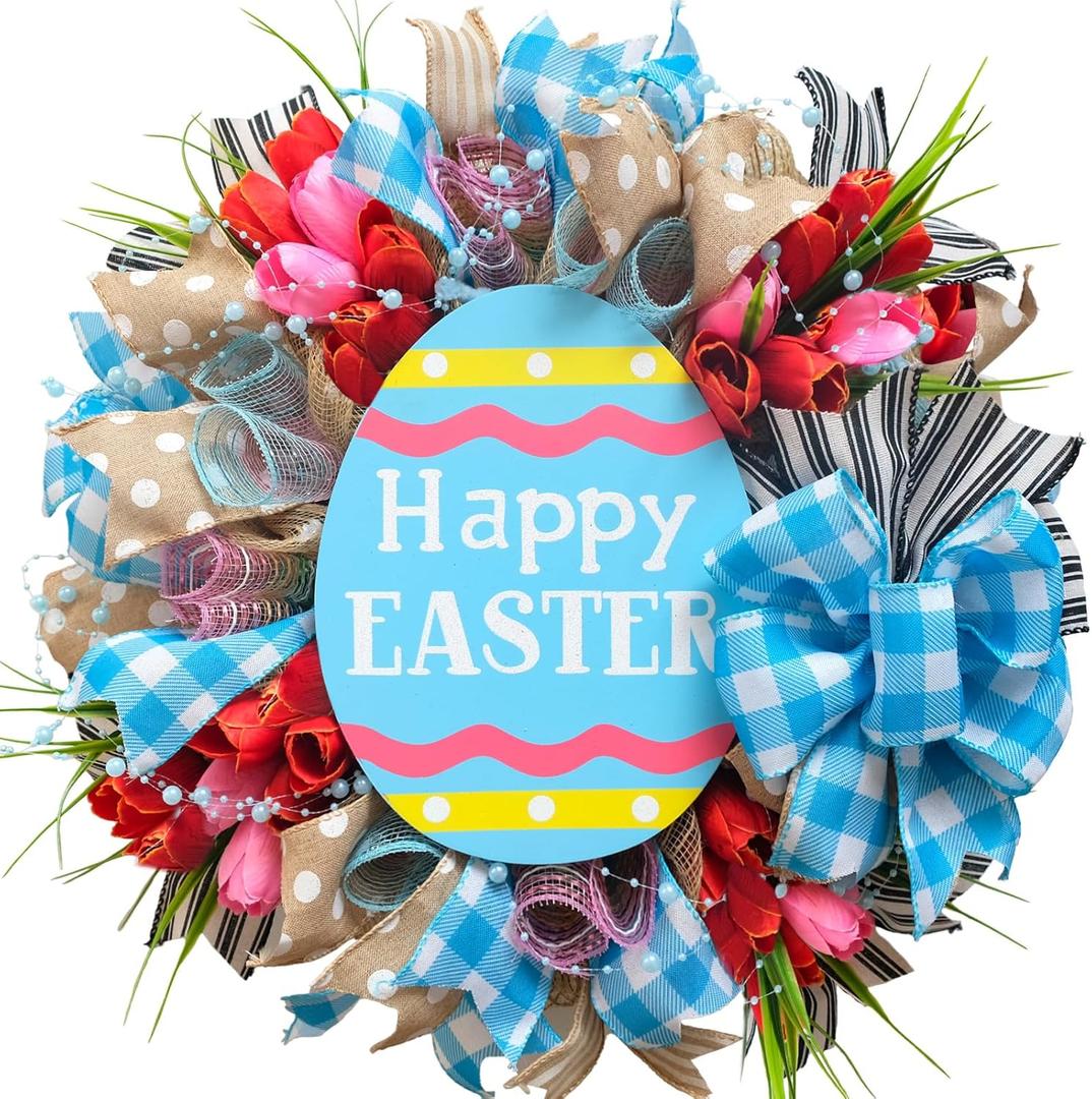 18" Easter Mesh Wreath for Front Door Artificial Flower Wreath with Happy Easter Wooden Board Bows for Spring Farmhouse Holiday Hanging on Home Indoor Outdoor Front Door Wall Decorations