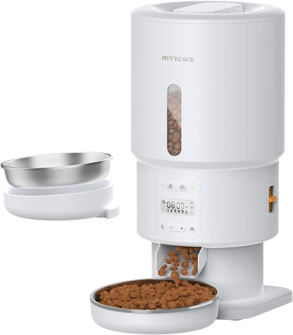 Automatic Cat Feeder - 5L Anti-Clog Cat Food Dispenser Keeps 2-15mm Dry Food Fresh, 10s Voice, 1-6 Meals/Day, Programmable Portions, 180-Day Battery Life, Easy to Clean Auto Pet Feeder for Small Dog (White)