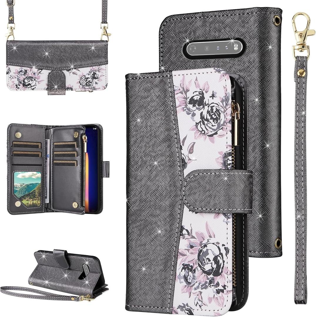 for LG V60 ThinQ V60ThinQ 5G G9 Thin Q Floral Wallet Case Flip Zipper Purse Wrist Strap Shoulder Strap, Luxury Glitter Card Holder Stand Phone Cover for LGV60 V 60 60ThinQ 60V Women Black