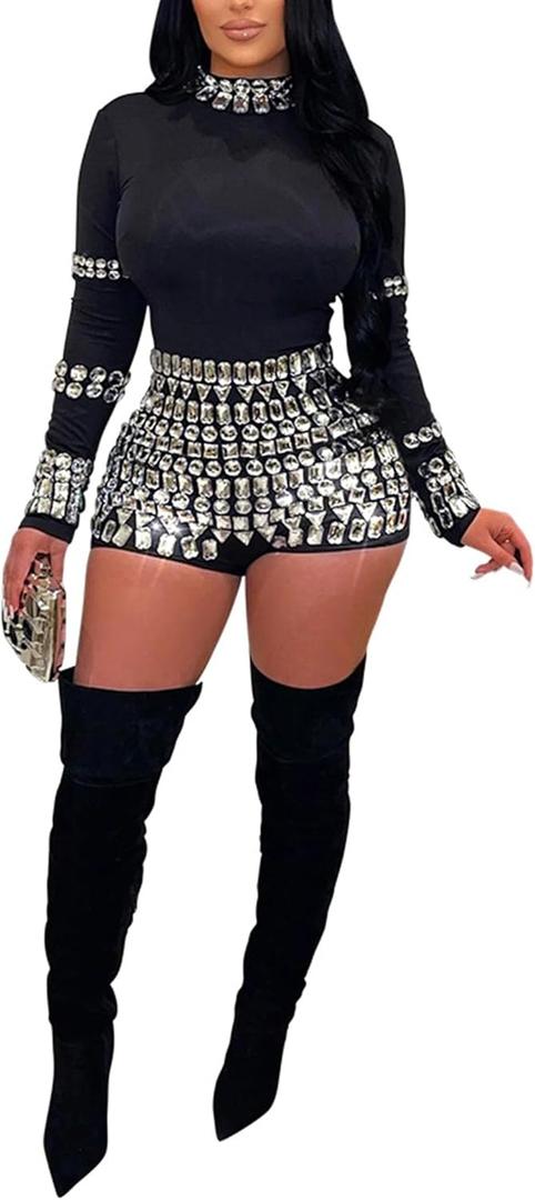 chicyes Jumpsuits For Women Sexy Long Sleeve Bodycon Club Rompers Rhinestone Sparkly Party Outfits (Medium, 1-black)