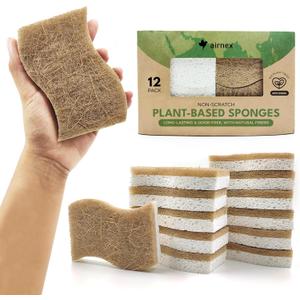 AIRNEX Natural Kitchen Sponges (12 Pack) - Biodegradable Cellulose & Coconut Scrubber Dish Sponges for Kitchen - Eco-Friendly, Non Scratch, Compostable, Non Toxic S-Shaped Natural Sponges for Dishes