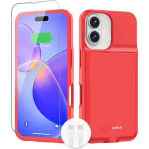 BOPPS Battery Case for iPhone 16 Plus,15W Fast 8500mAh Stonger Power & 360Protection Slim Battery Charger Case with TPU Anti-Slip Design for iPhone 16 Plus Charging Cases,Red (For iPhone 16 Plus6.7inch)