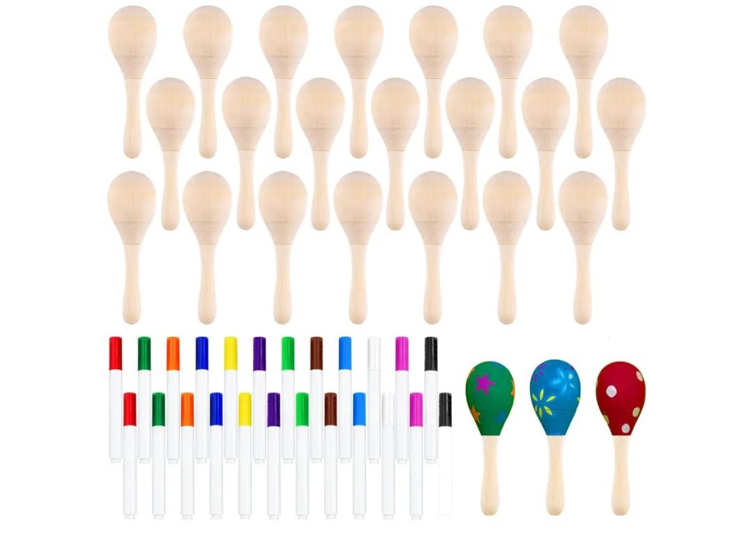 Morcheiong 24Pcs DIY Mini Wooden Maracas for Kids with 24Pcs Multicolor Pens, Fiesta Mexican Maracas Favors, Cinco De Mayo Party Supplies Decorations