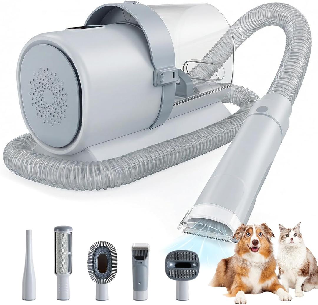 Sweetcrispy Professional Pet Grooming Vacuum Kit, 2.5L Cup, 3 Suction Modes, and 5 Groomer Tools with Cordless Low Noise Dog Clippers for Cats, Other Animals Hair Trimmer, Gray