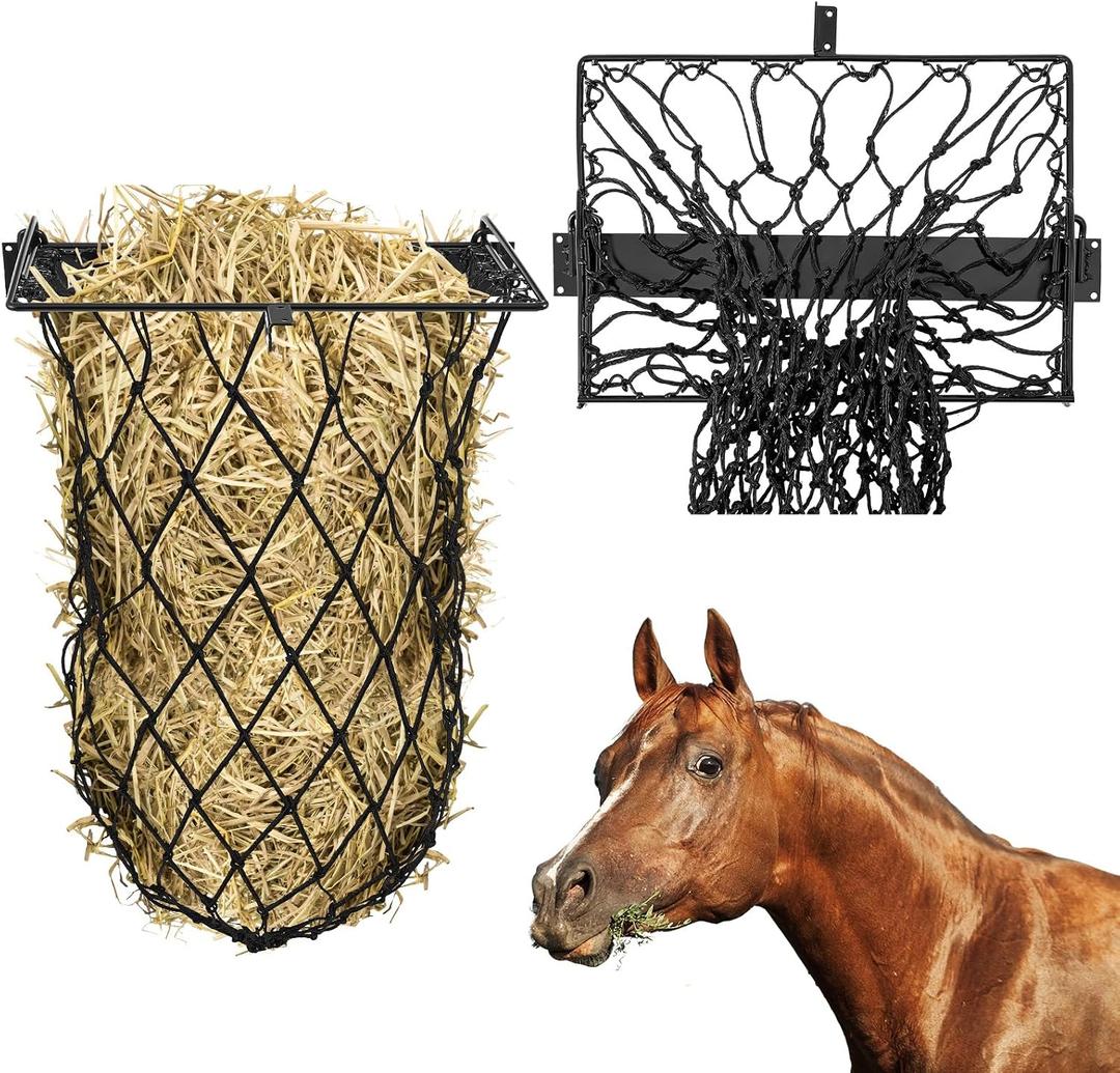 Yaocom 1 Set Black Wall Mount Hay Feeder for Horses Goats Heavy Duty Hay Rack with Net Slow Feeder Wall Mounted for Stall Barn, Easy to Install and Save Hays (Square)