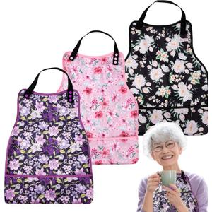 3 Pack Adult Bibs Washable Clothing Protector with Crumb Catcher, Adjustable Reusable Waterproof Large Feeding Adult Bib (Floral)