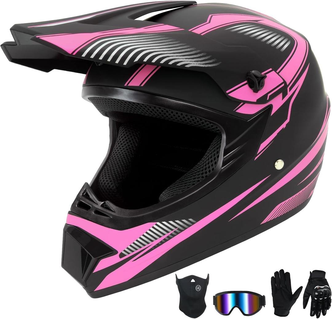 Adult Off-Road Motorcycle Helmet, Dot Approved Full Face Helmet, Equipped with Sun Visor and Detachable Inner Liner, Fashionable and Lightweight Design. (Pink, Medium)