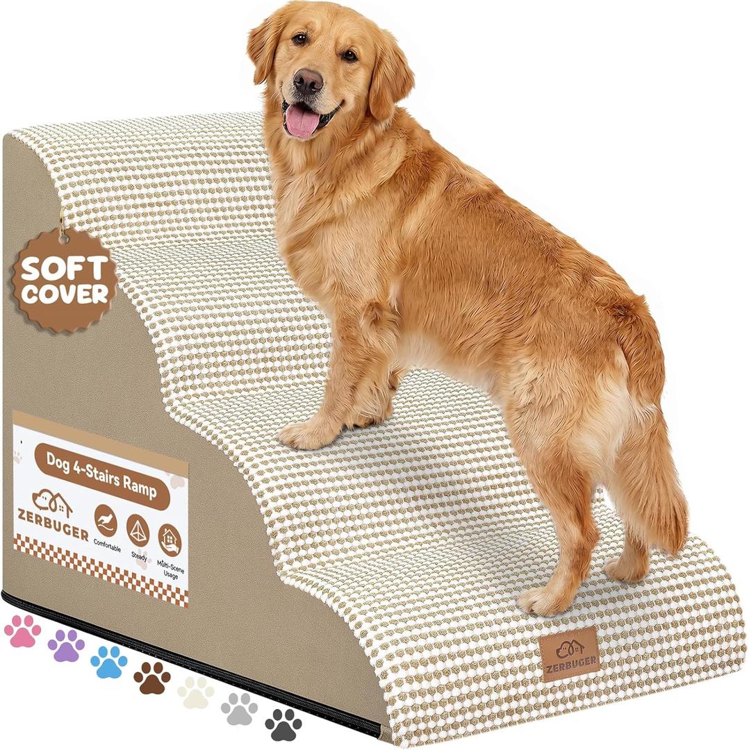 Zerbuger Dog Ramp and Stair for Bed 16" H-20 H,3-Step Cat Stair for Sofa and Chair,4-Step Dog Ramp for High Bed and Window,Durable Nonslip Fabric Cover for Indoor (Beige-20 H, Pet Friendly, 4)