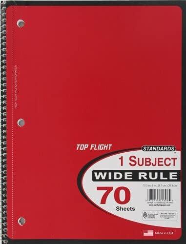 Top Flight Spiral Notebook, 1 Subject, 70 Wide Ruled Sheets , Red