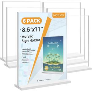MaxGear Acrylic Sign Holder 8.5x11 6 Pack, Double Sided Clear Table Stand, Vertical Flyer Holder, Plastic Frame Display for Picture, Stores, Restaurants, Hotels, Office T Shape