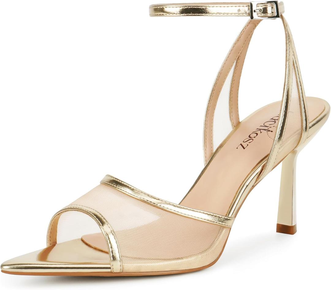 Women's Mesh High Heels Sandals Pointed Open Toe Ankle Buckle Strap Stiletto Heels Dress Wedding Shoes (7, Rich Gold)