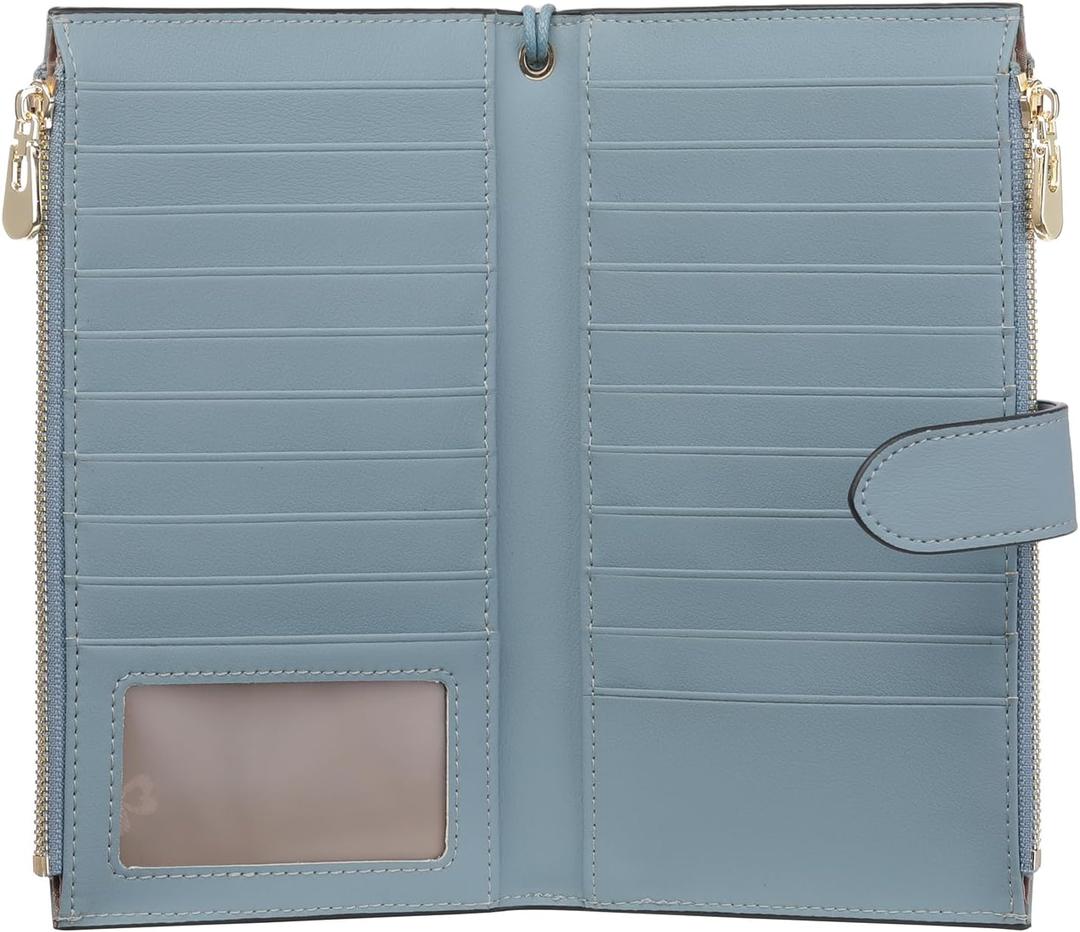 FALAN MULE Wallet Women Multi Card Slim Leather RFID Blocking Credit Card Holder Wallet Purse with Zipper Pocket (AC-Light blue)