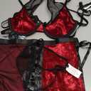 Foxiny Sexy Cutout Halter Underwire Leather Mesh Sheer Mini Skirt Stocking Lingerie Set 4 Piece Outfits, Medium