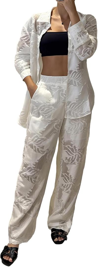 CHICME Womens Textured Two Piece Outfit Set Elegant Button Down Long Sleeve Shirt and Loose Wide Leg Pants Set (White, M)