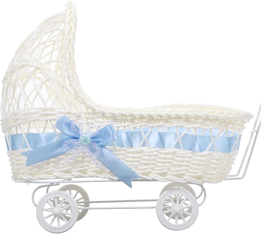 Kisangel Imitation Rattan Baby Carriage Flower Basket 14.6X11.4X6.7 Inch Vintage Style Wicker Stroller Centerpiece for Baby Shower Party Decor
