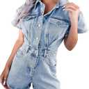 cffvdiz Women's Distressed Button Front Denim Rompers Short Sleeve Flap Pocket Vintage Slim Fit Blue Jean Jumpsuit Shorts M