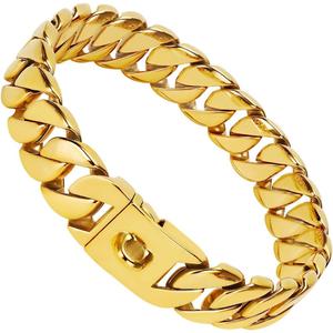 Big Dog Chain Collar, 32mm Cuban Chain Link Collar with Design Safety Buckle, 18k Gold 316L Martingale Collars, Stainless Steel Durable Chewy for All Breeds Medium/Large Dogs
