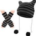 Y2k Beanie Cat Knitted Hats for Women Girls Cute Striped Arm Warmers Gothic Grunge Hat Accessories (One Size, Black Gray)