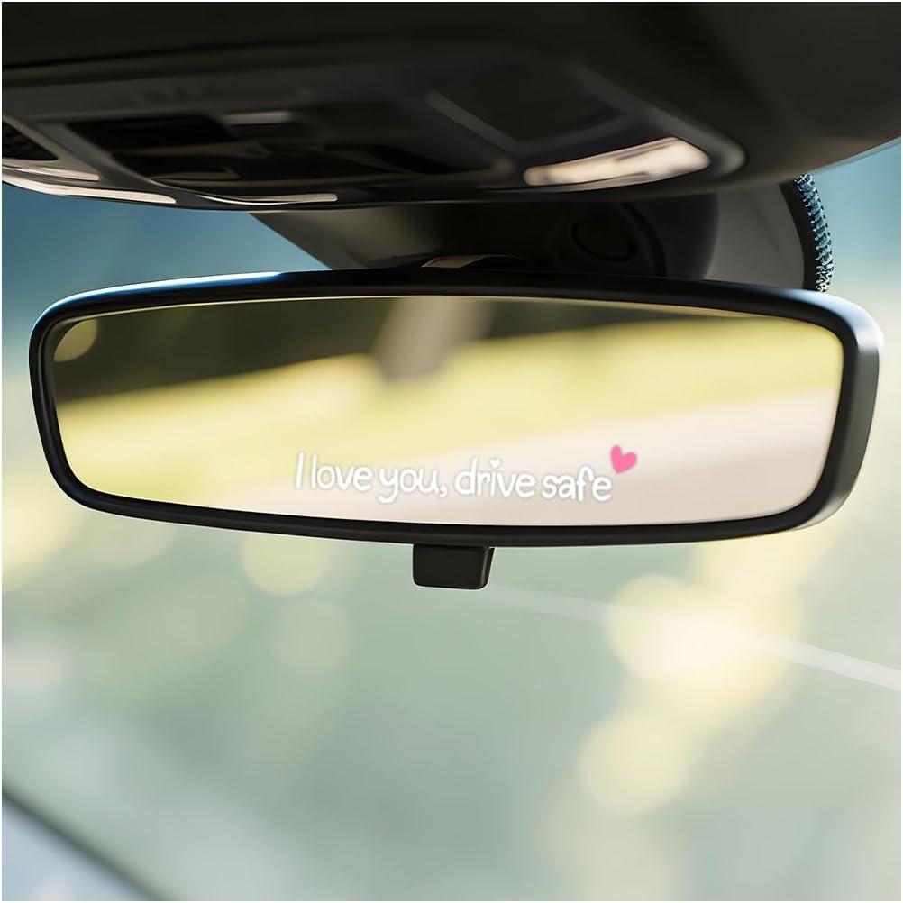 3 x I Love You Drive Safe Car Rearview Mirror Stickers, 4PCS Vinyl Cute Vehicle Rear View Mirror Decals with Heart, Funny Automotive Bumper Stickers for Women, Universal Fit (White/Pink)