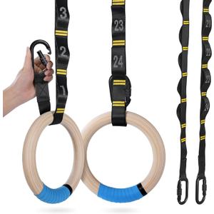 PACEARTH Gymnastics Rings 32mm Wooden Olympic Rings Support 1500lbs Locked Carabiners 9ft Double-Layer Numbered Straps Non-Slip Gym Rings with Foot Straps Door Anchor for Home Gym Full Body Workout