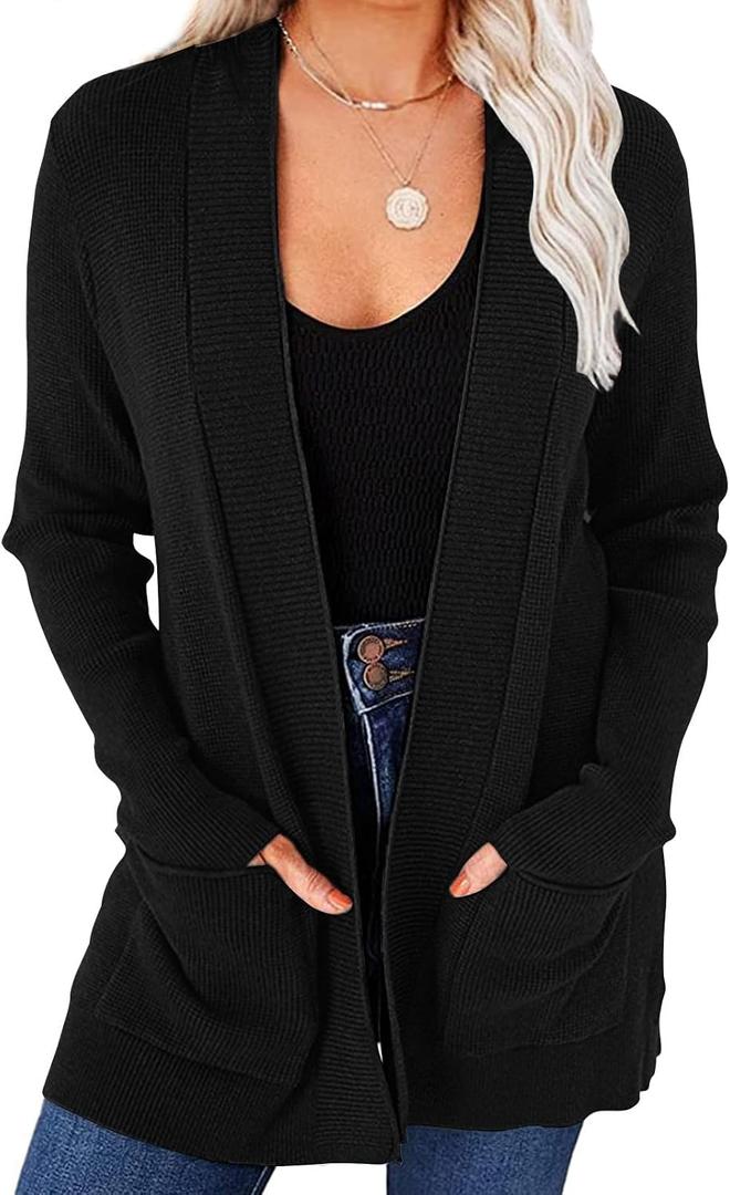 MEROKEETY Women's 2025 Fall Open Front Waffle Knit Cardigan Long Sleeve Cozy Knit Sweaters with Pockets, Black, Medium