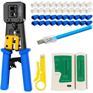 RJ45 Crimp Tool Kit Pass Thru Cat5 Cat5e Cat6 RJ45 Crimping Tool with 20PCS RJ45 Cat6 Pass Through Connectors, 20PCS Covers,1 Wire Punch Down Cutter and 1 Network Cable Tester