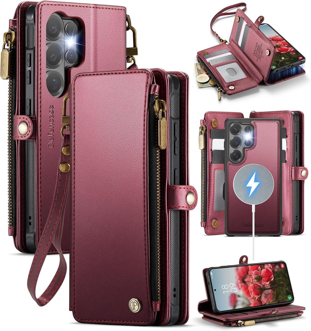 Defencase for Samsung Galaxy S26 Ultra Magnetic Wallet Case Compatible with Magsafe with RFID Blocking Zipper & Card Holder Women, PU Leather Detachable Phone Case for Galaxy S26 Ultra 6.9", Wine Red