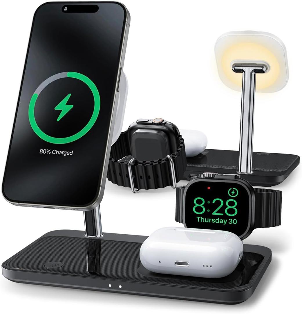 Wireless Charging Station for iPhone 16/15/14/13/12 Series, 4 in 1 Mag-Safe Charging Stand for Multiple Apple Watch Series 9-1/Ultra/SE&Airpods 4/3/2/Pro, Magnetic Wireless Charger with Night-Lamp (Black)