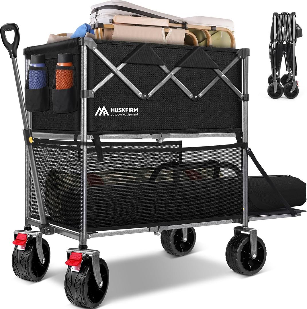 400L Foldable Double Decker Wagon Cart Collapsible with Tailgate 450LBS Heavy Duty Sports Wagon Double Decker All Terrain Big Wheels Beach Wagons for Camping, Fishing & Outdoor Use - Black