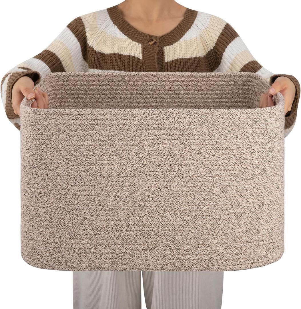 OIAHOMY Cotton Rope Basket, Rectangle Woven Nursery Blanket Basket, Toy Storage Basket with Handle, Baskets for Organizing, 18x14x12, Brown Variegated