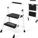 2 Step Ladder, Portable Steel Folding Step Stool with Wide Anti-Slip Pedal & Convenient Handgrip, 500lbs Sturdy Steel Ladder, White