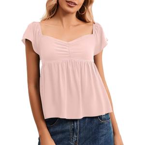 Womens Flowy Babydoll Tank Tops Ruffle Short Sleeve Tank Top Sweetheart Neck Peplum Smocked Back Going Out Top 2026 (Pink, S)