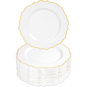 100 PCS Gold Dessert Plastic - 7.5 inch White & Gold Plastic for Party Cake Plates Elegant Heavy Duty Disposable Plates for Wedding & Party