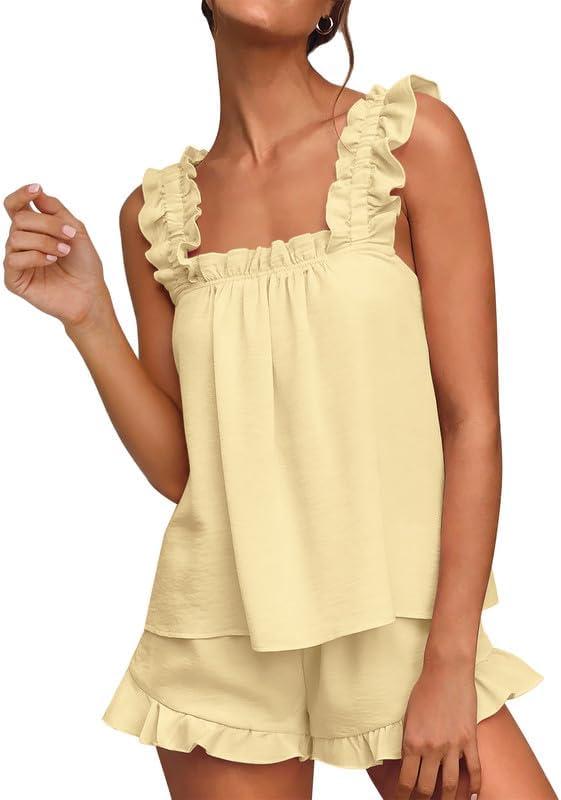 Marvmys Womens Pajamas Set 2 Piece Ruffle Bridal Cute Pajamas Sexy Tank Top and Shorts Bride Sleepwear Set S-2XL (Yellow, M)