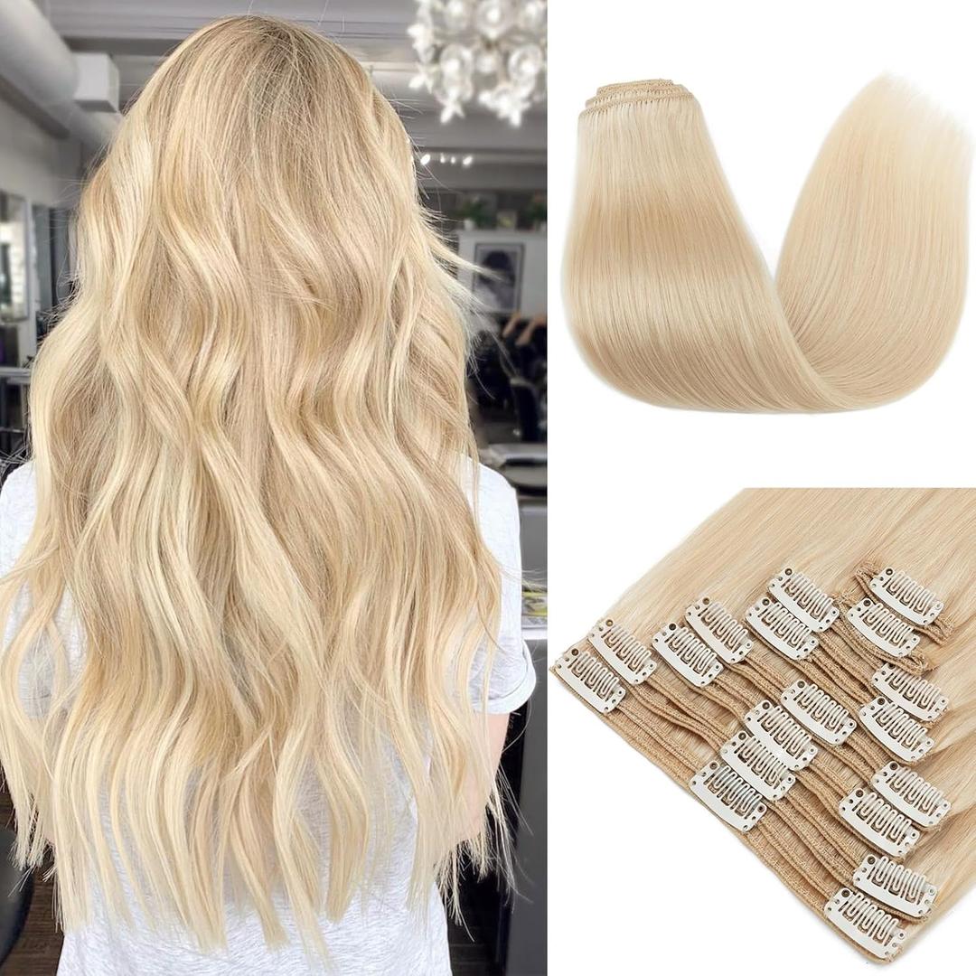 Double Weft 100% Remy Human Hair Clip in Extensions Highlight #24 Natural Blonde Full Head Thick Long Soft Straight 8pcs 18clips 18 inch 140g