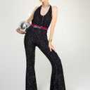 SOMSOC 70s Disco Jumpsuit Costumes Women Fashion Disco Accessories for Halloween Necklace Earrings Bracelet Glasses Belt (Black)