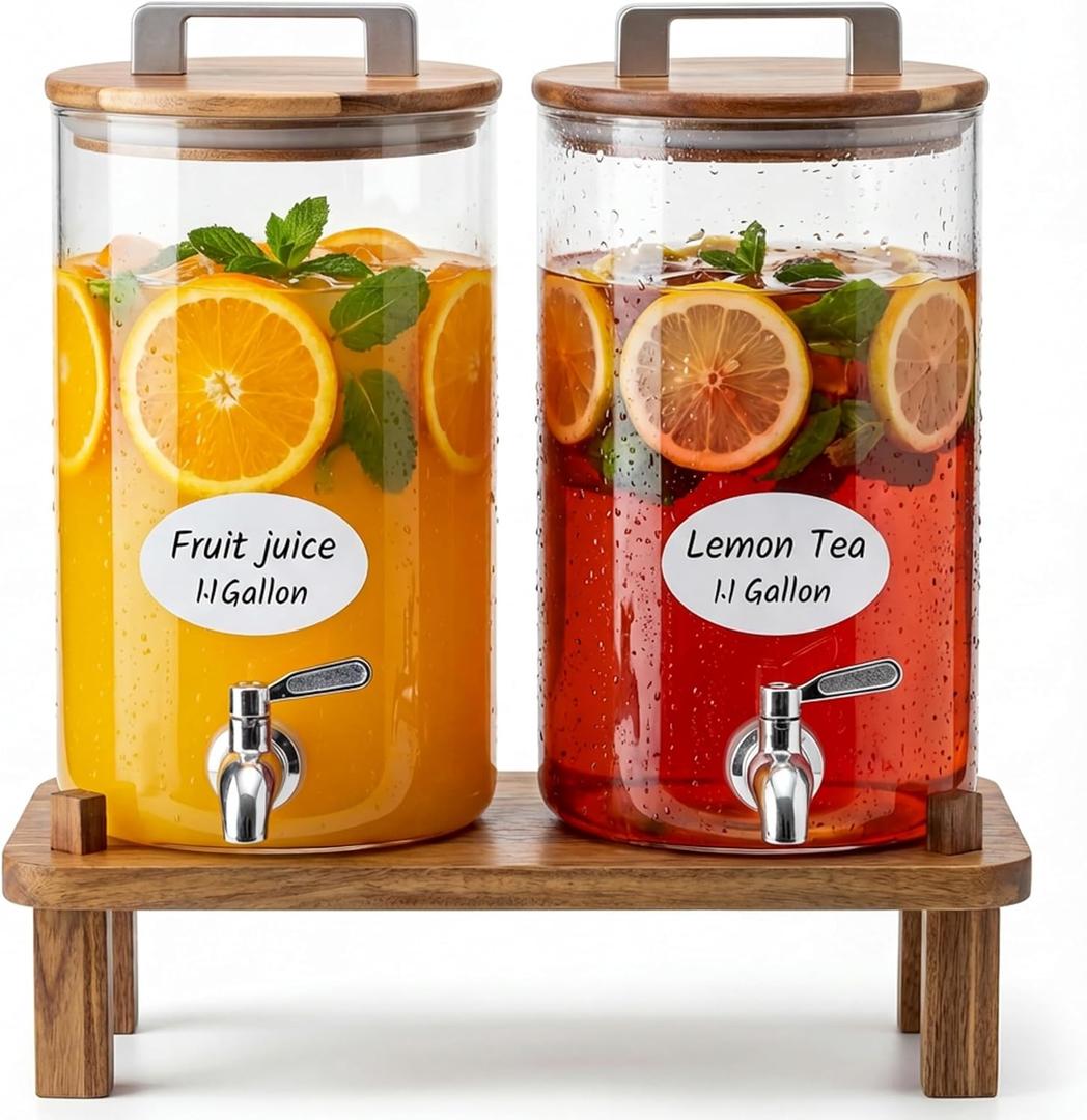 MerryNine 2PCS 1.1 Gallon Glass Drink Dispensers for Parties with Wood Stand, Punch Borosilicate Glass Beverage Dispenser, Leakproof Filter Stainless Spigot for Hot/Cold Lemonade Juice Tea Party Event
