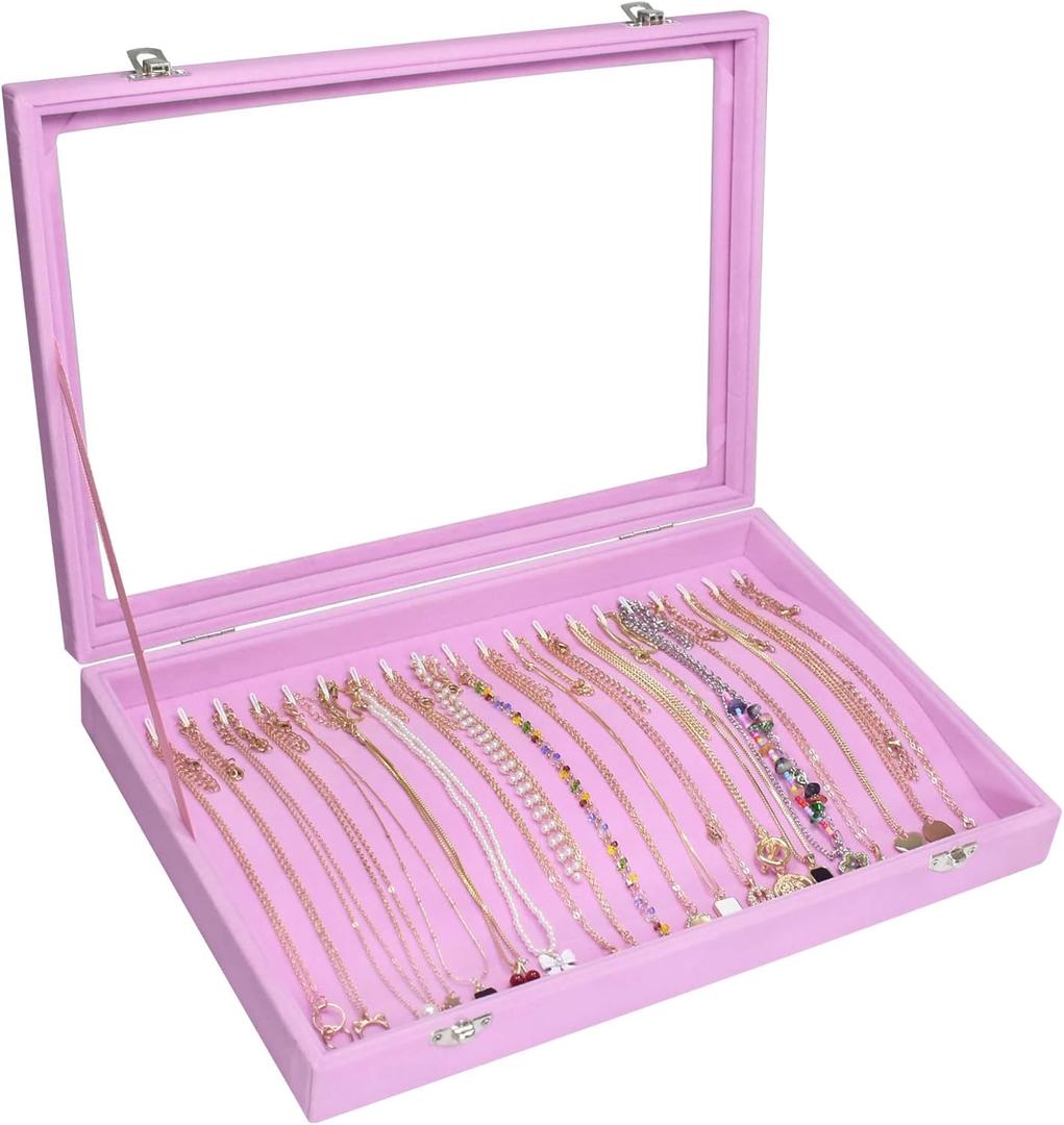 Vicoter Velvet Necklace Display Jewelry Tray 20 Hook Necklace Tray Necklace Pendant Jewelry Tray for Women and Girls (Pink)